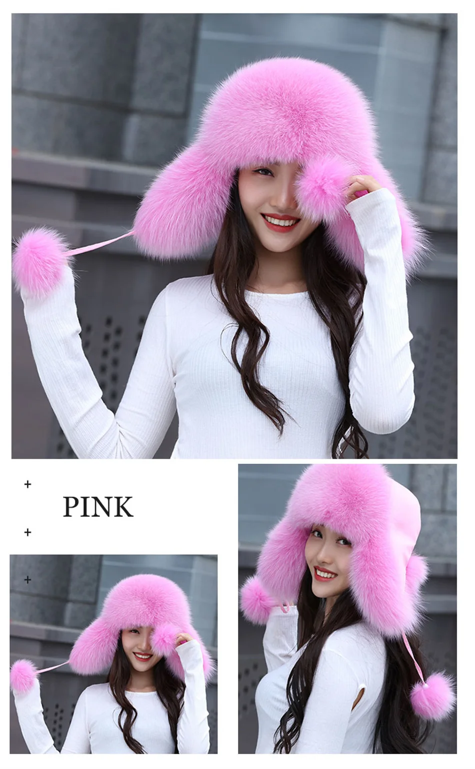 100% Echte Fuchsfell-Mützen für Damen, Russische Uschanka, Aviator-Schneemütze, Modische Wintermütze mit Ohrenklappe, Waschbärfell-Jackenmütze – Detail 10