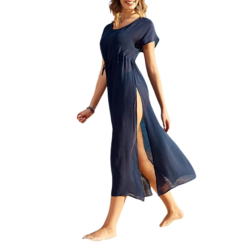 sheer bathing suit cover up Women Bikinis Cover Up Solid Color Short Sleeve Round Neck High Waist Split Drawstring Long Dress Bathing Beachwear Smock Female bathing suit cover Cover-Ups