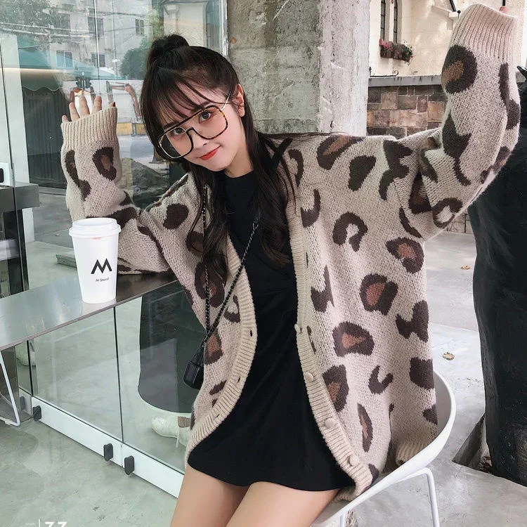 여성용 캐주얼 스웨터, 한국 패션 용수철 핑크 레오파드 V넥 긴팔 카디건, 루즈 코트
