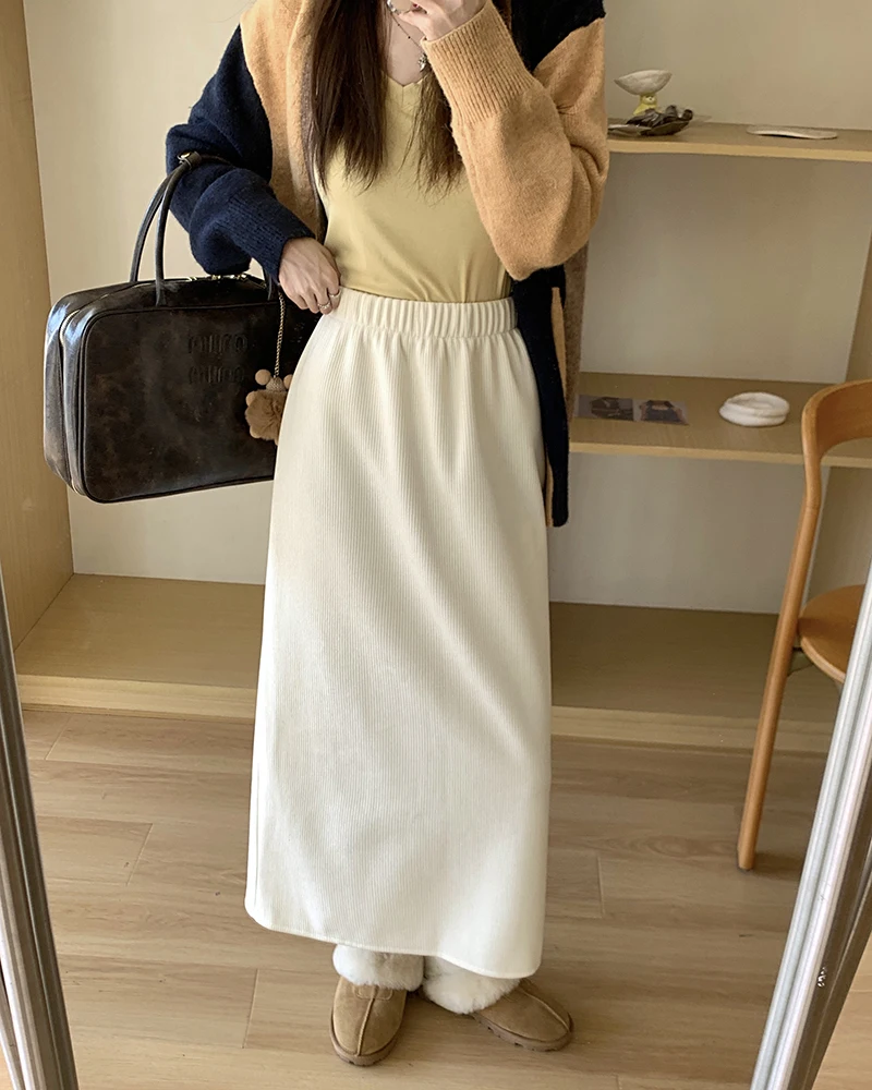 

3Colors SML Women Long A Line Skirts For Female Plus velvet Thick Warm Casual High Waist Midi Skirt 2023 Autumn Winter(L7161