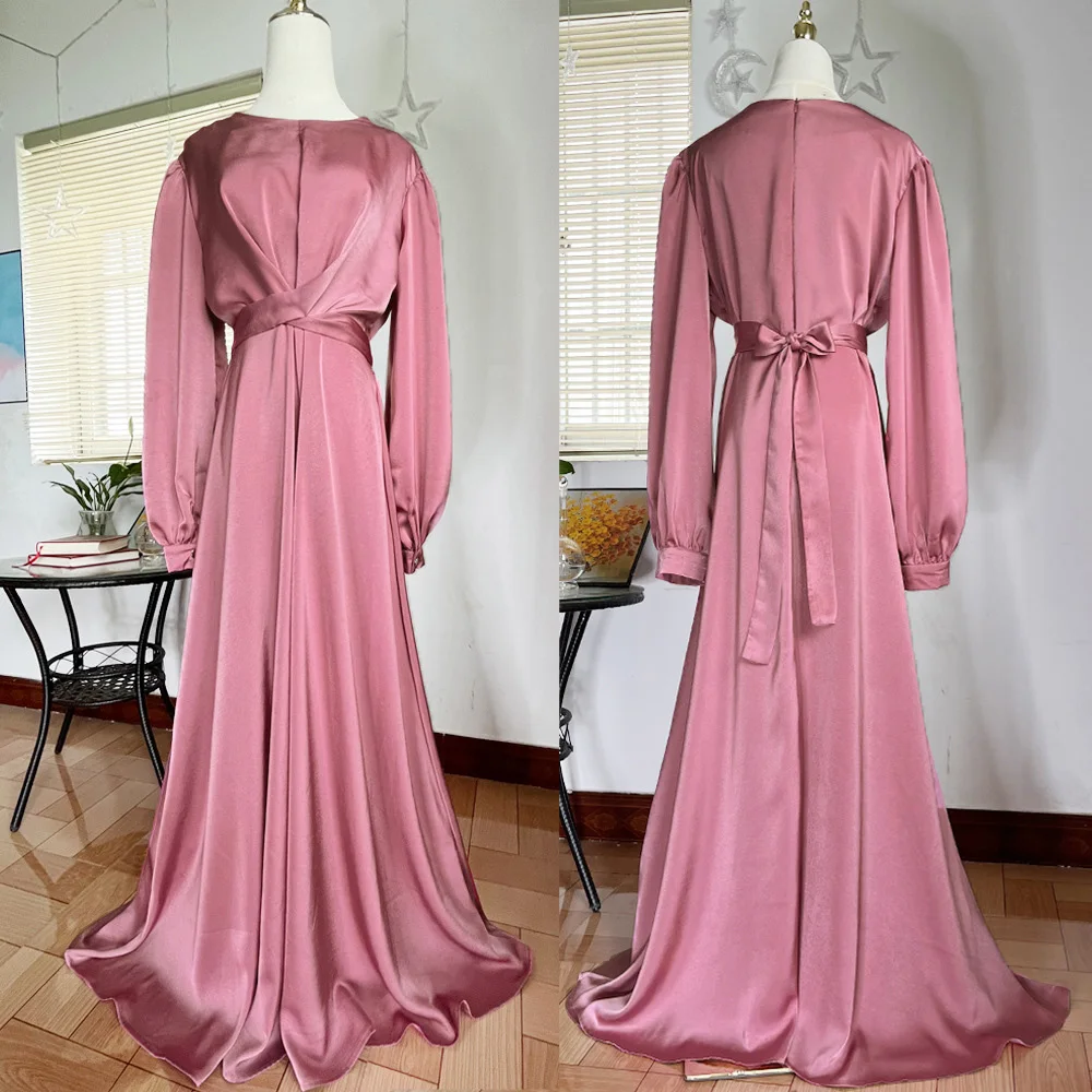 Muslim Ethnic Style Abaya Middle East Malay Casual Simple Women's Pink Evening Dress Autumn New Elegant Solid Color Ladies Robe