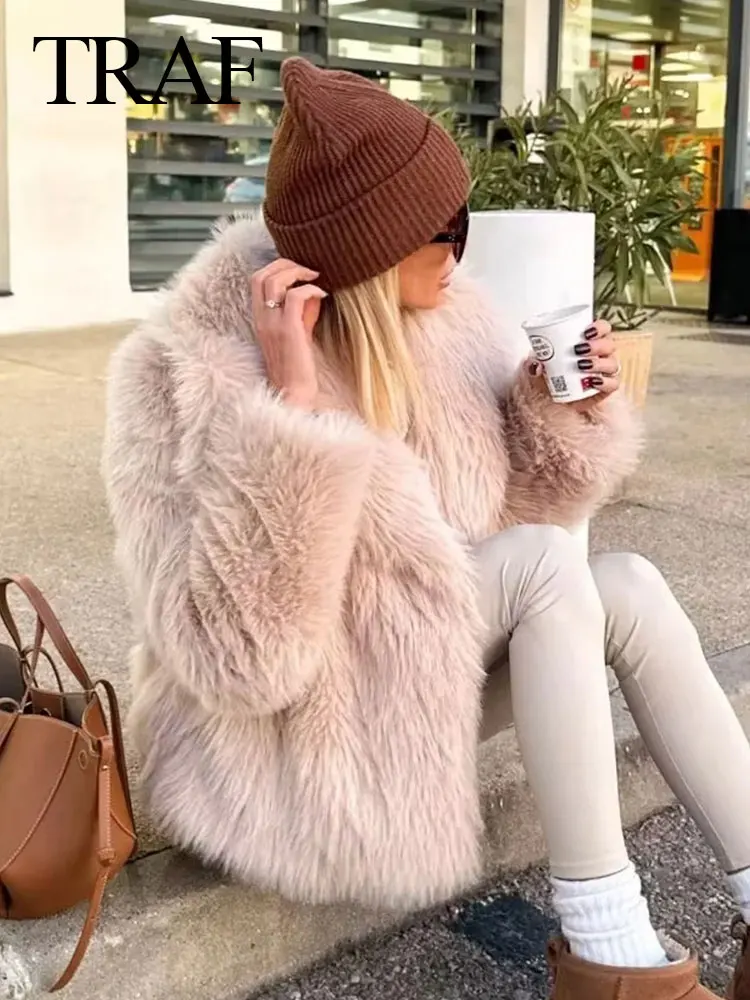 

TRAF Faux Fur Jacket For Women Fashion Loose Long Sleeve Lapel Coat Autumn Winter Warm Female Casual High Street Outwear