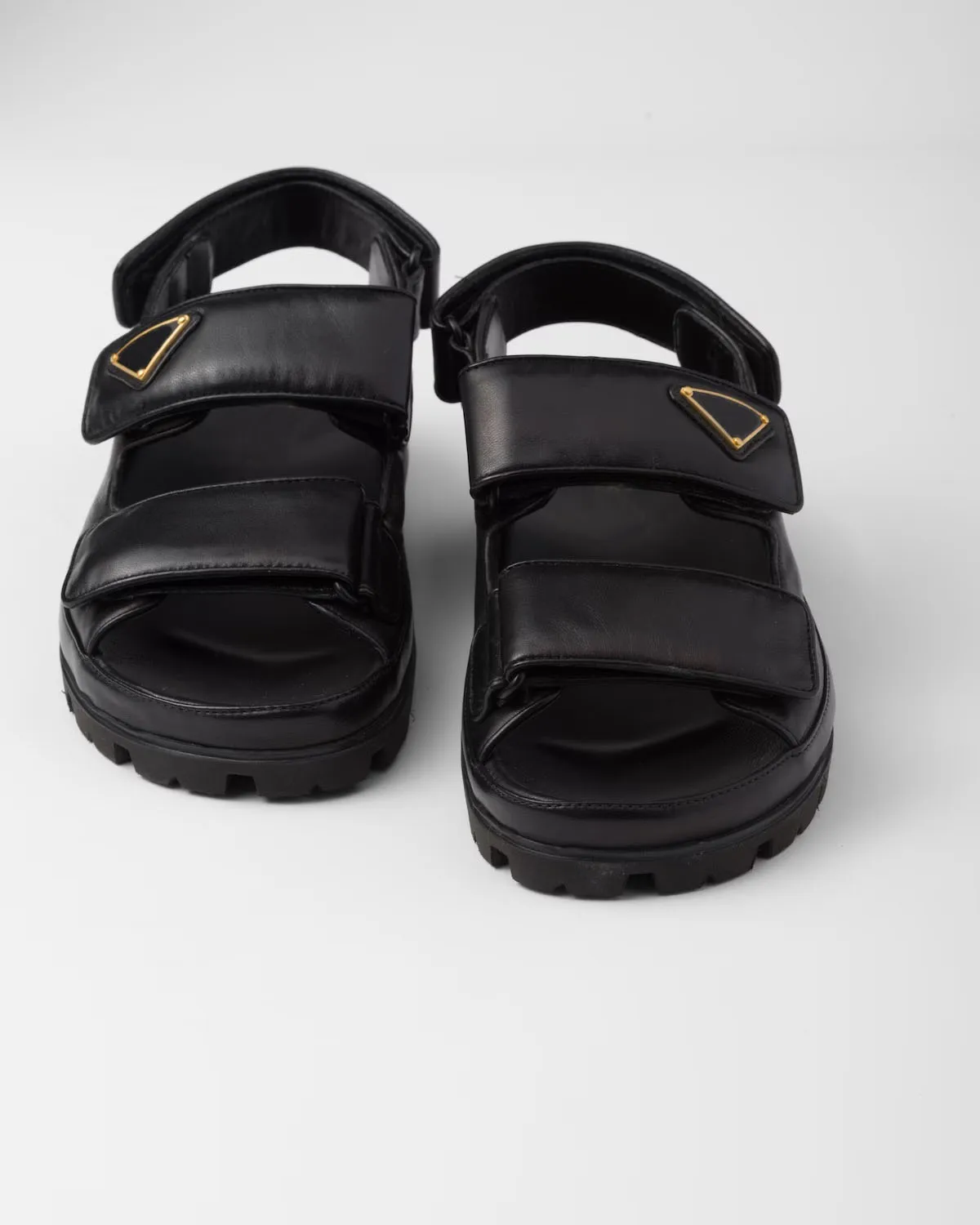 Flat Nappa Leather Sandals Hook Loop Straps Black