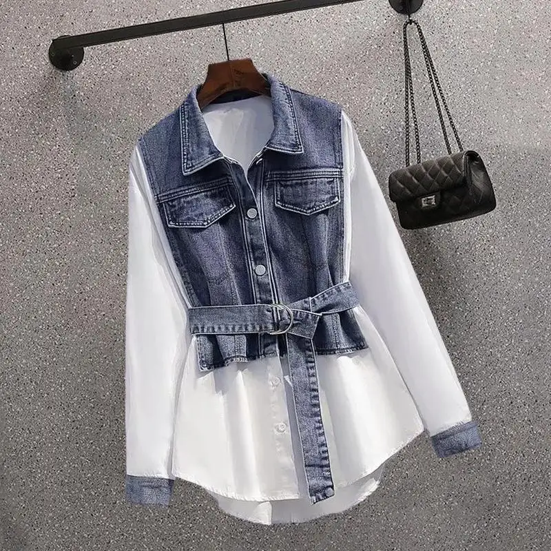 

Korean High Quality Denim Spliced Single Breasted Women Clothing Shirt Mid-length Turn-down Collar Lace-up Bow Autumn Winter New