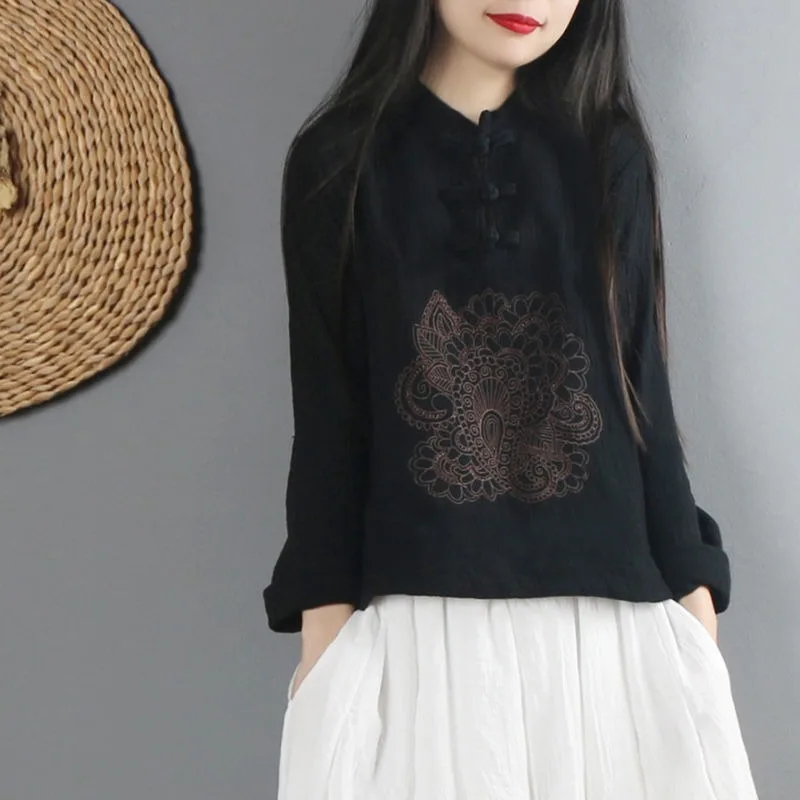 Summer Chinese Style Ethnic Long Sleeve Women Retro Embroidery Blouse Red T-shirt Cotton Oversize Loose Ladies Casual Tops