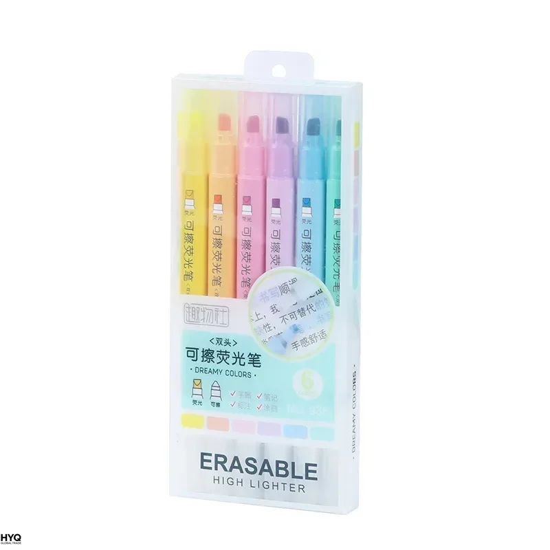 6pcs 지울 수있는 형광펜 파스텔 마커 아트 드로잉을위한 듀얼 팁 형광펜 낙서 마킹 학교 사무실 문구