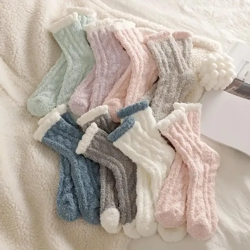 8 Pairs of Fashionable Women's Autumn and Winter Multicolored Coral Fleece Crew Socks Thick Warm and Soft Floor Home Sleep Socks
