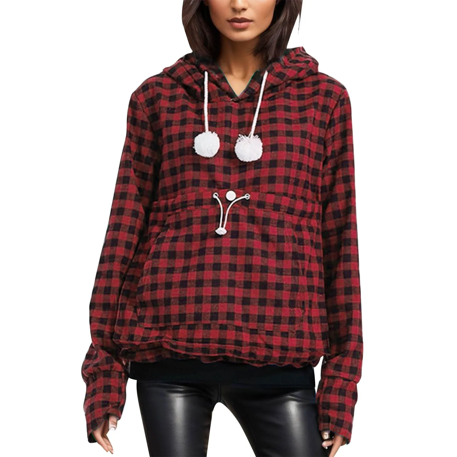 Pet Pouch Hoodies Women Dog Cat Puppy Holder Sweatshirts Plaid Print Loose Fleece Thick Hooded Top Harajuku Drawstring Pullover