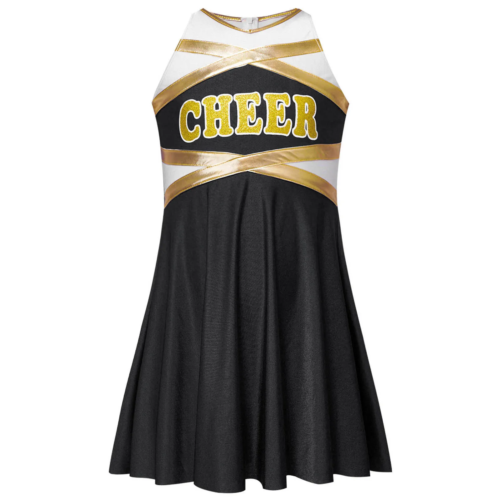 Kids Girls Cheerleading Uniform Cheerleader Cheer Dance Performance Costume Dancewear Sleeveless Letter Print Metallic Dress