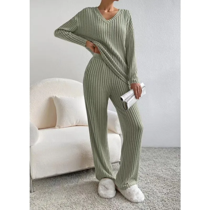 

2023 Autumn Winter New Women's Clothing Fashion Casual Straight Pants Loose Temperament V-neck Sunken Stripe Knitting Suit