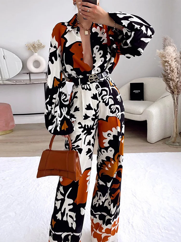 

Women's vintage jumpsuit loose fit print puffed sleeves street photo buttons chic suit spring 2022