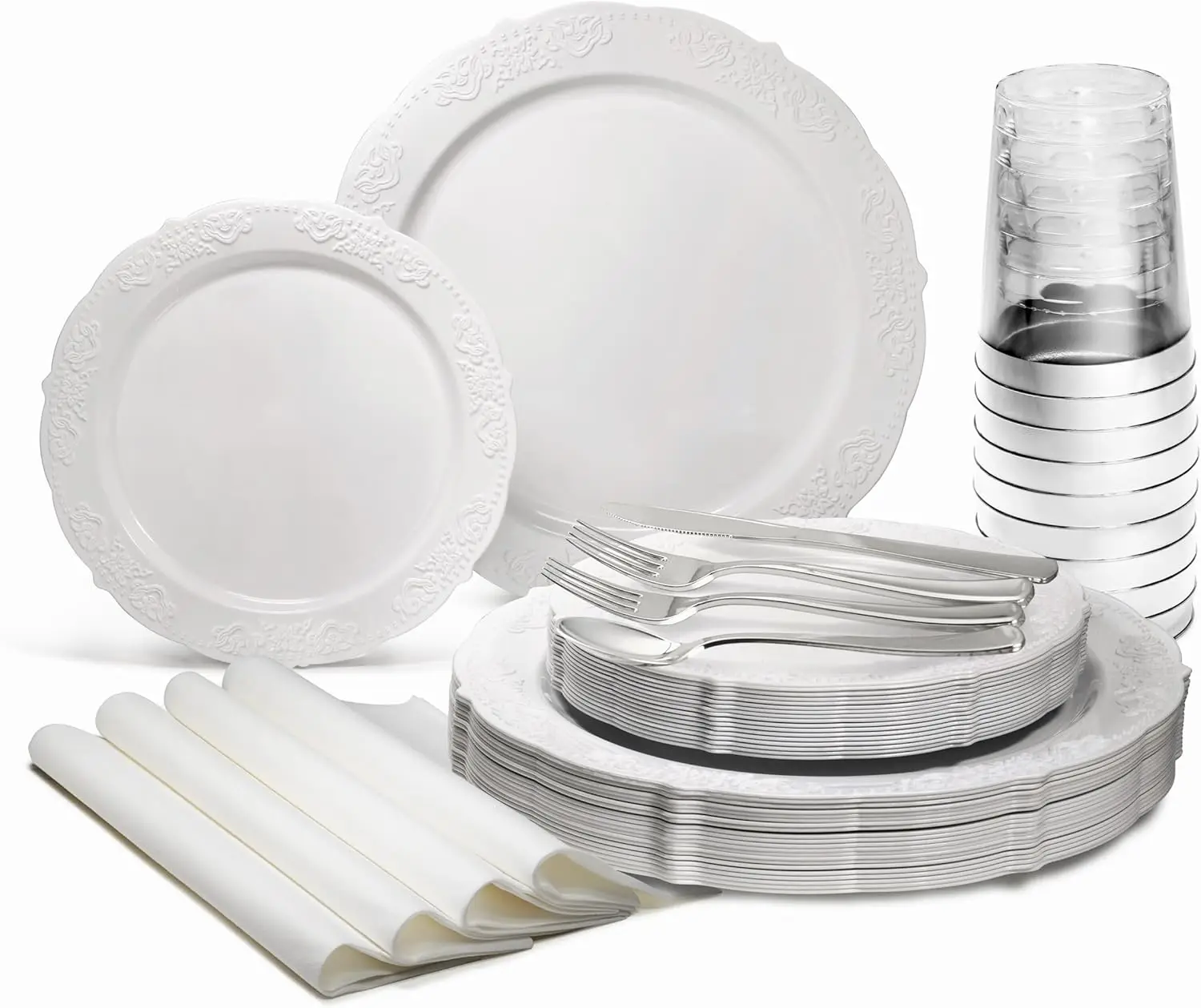 Vintage Wedding Party Disposable Plastic Plates & cutlery 960 Piece set (120 Guests) 120x10.25'' + 120x7.5'' + Silverware