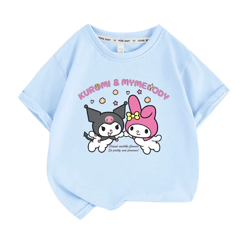 Sanrio 베스트셀러 귀여운 쿠로미 프린트 100% 코튼 아동 티셔츠 여름 데일리 야외 스포츠 캐주얼 루즈 스트리트 반팔