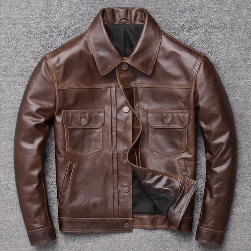 

Men's Leather 2023 Jacket Real Genuine Cow Leather Coat Spring Autumn Cowhide Vintage Leather Jackets Brown Asa1929 KJ4310