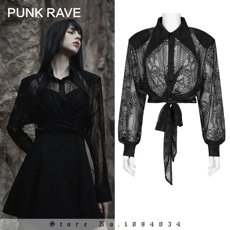 

PUNK RAVE Women's Romantic Gothic Bandage Lace Shirt with Shoulder Pads Lolita Style Thin Jacquard Coat Spring Summer