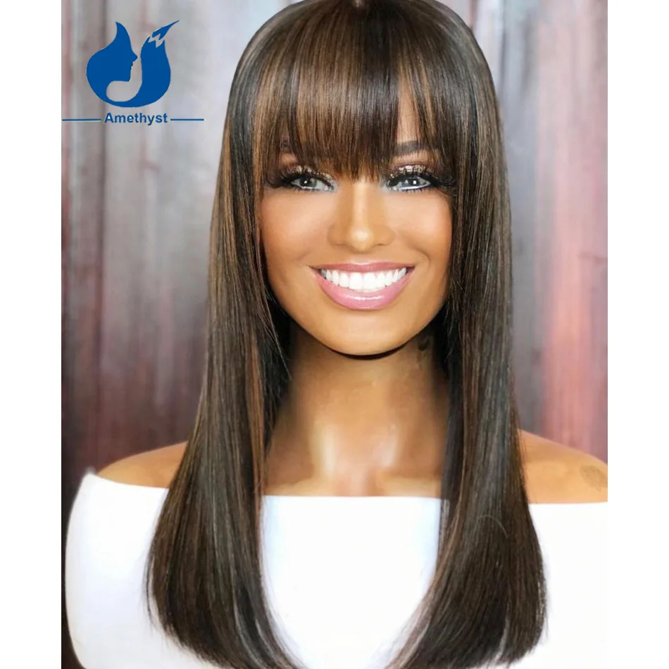 

Brown Highlight Short Straight Bob Layered Cut Human Hair Full Machine Made Scalp Top Wigs With Bangs For Women Amethyst