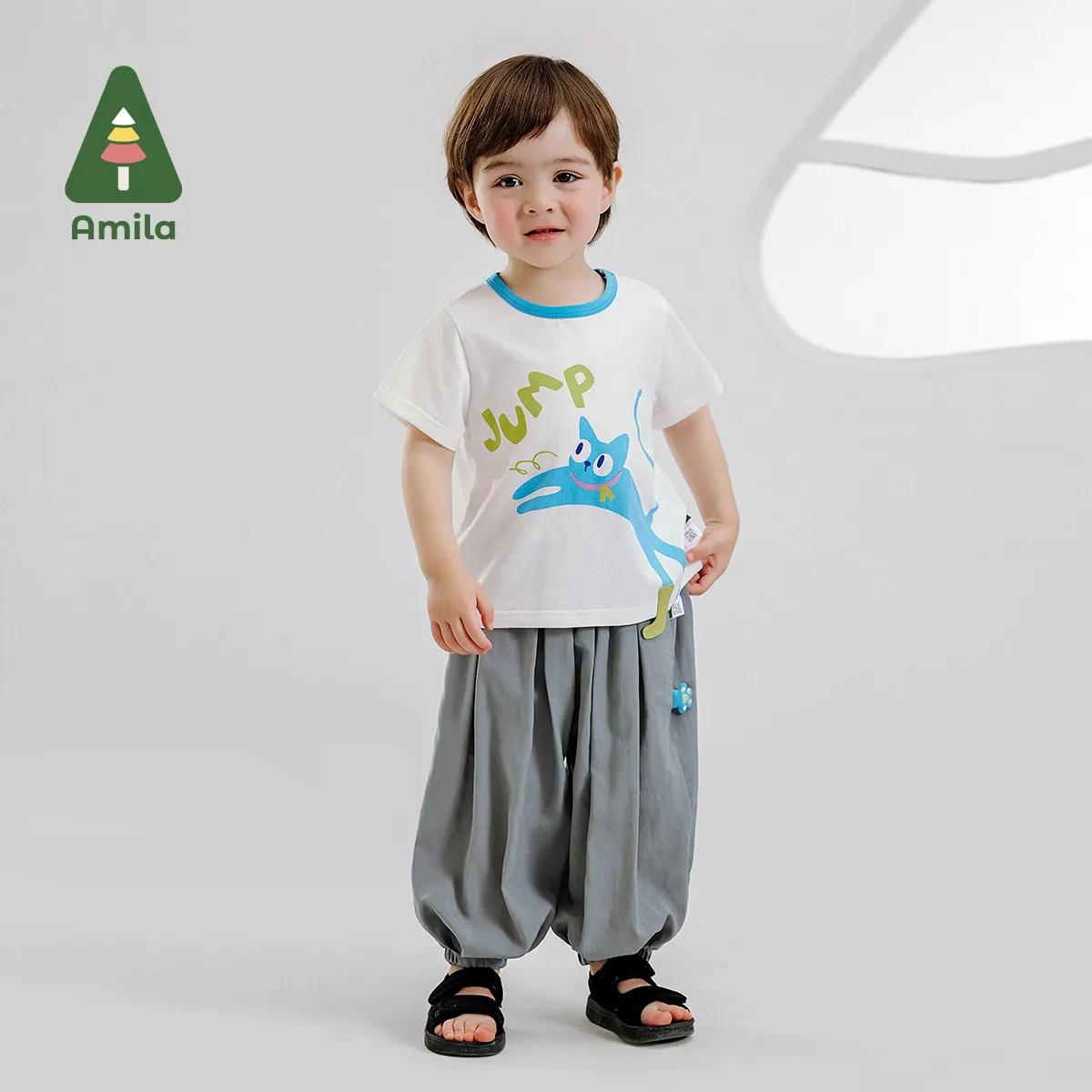 Amila 2024 남아용 밑창 루즈핏 바지, 시원한 통기성, 편안한 단색 바지, 0-6 세, 여름 신상