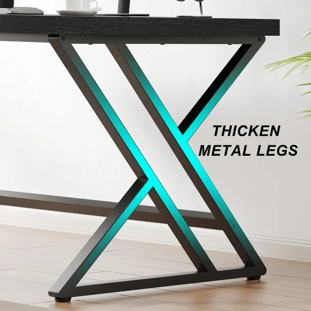 contemporary black desk for adults: spacious industrial office desk with metal and wood, ideal for studying and computing