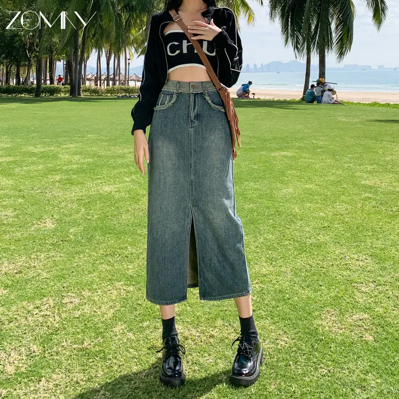 

ZOMRY 2023 New Casual Botton Split Denim Skirts Female Sping Summer Vintage Long Skirt Ladies High Waisted Pocket Jeans Skirt