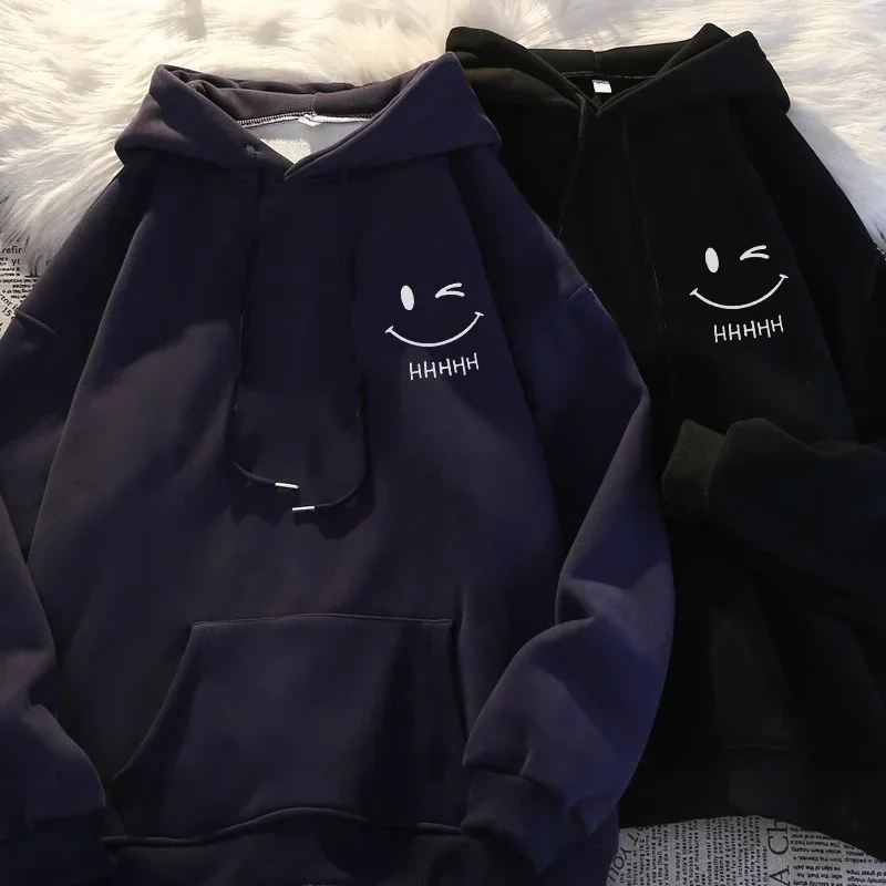 Women's Smiling Face Funny Fashion Couple Hooded Sweater American Heavyweight Loose Thickened Cashmere Boys' Hoodie Pullover Top