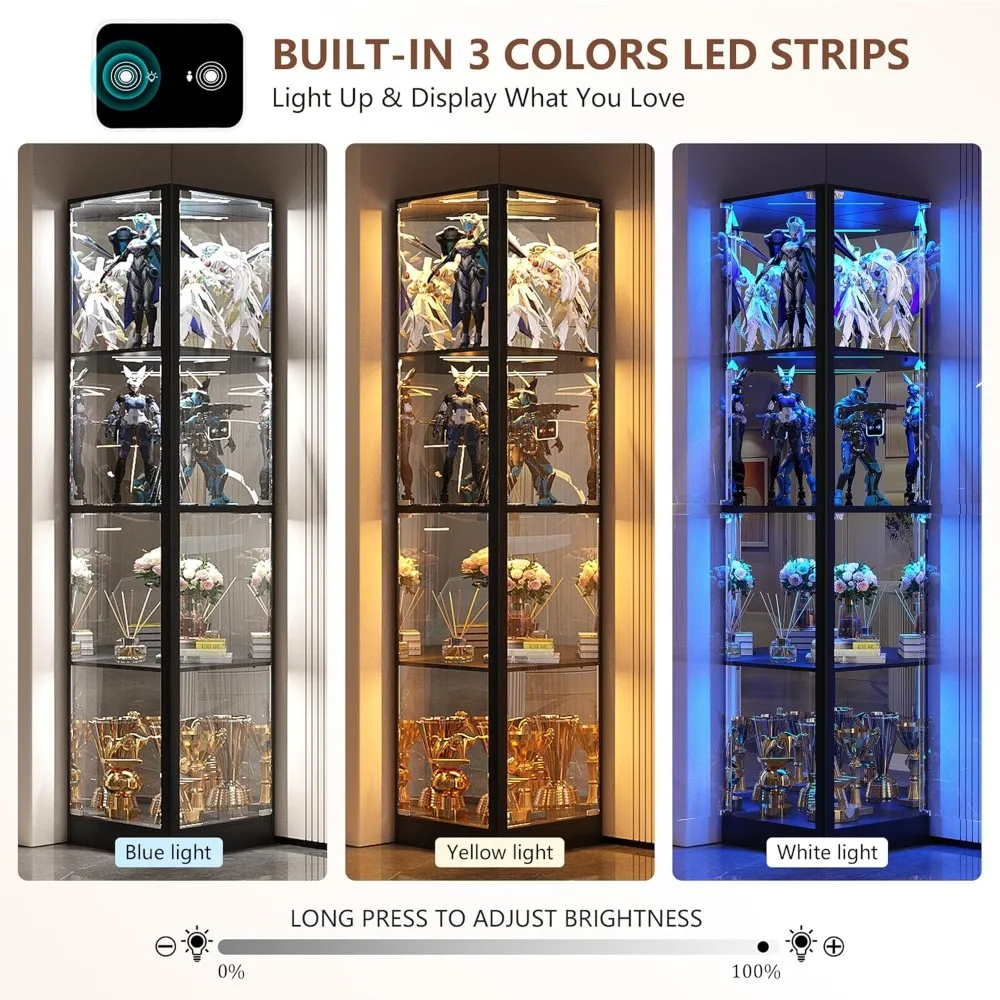 display cabinet with glass doors, 68" corner curio cabinets with led lights, 4-tier glass display case for collectibles/toys/boo