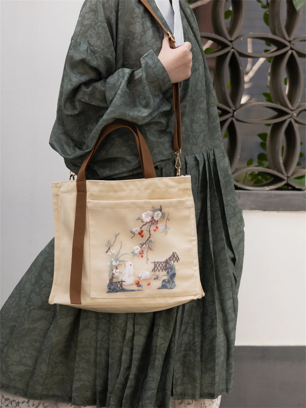 1pcs New Chinese Ancient Style Tote Shoulder Bag Hanfu Satchel Canvas Embroidery Large-capacity Handbag Zipper Crossbody Gift 6