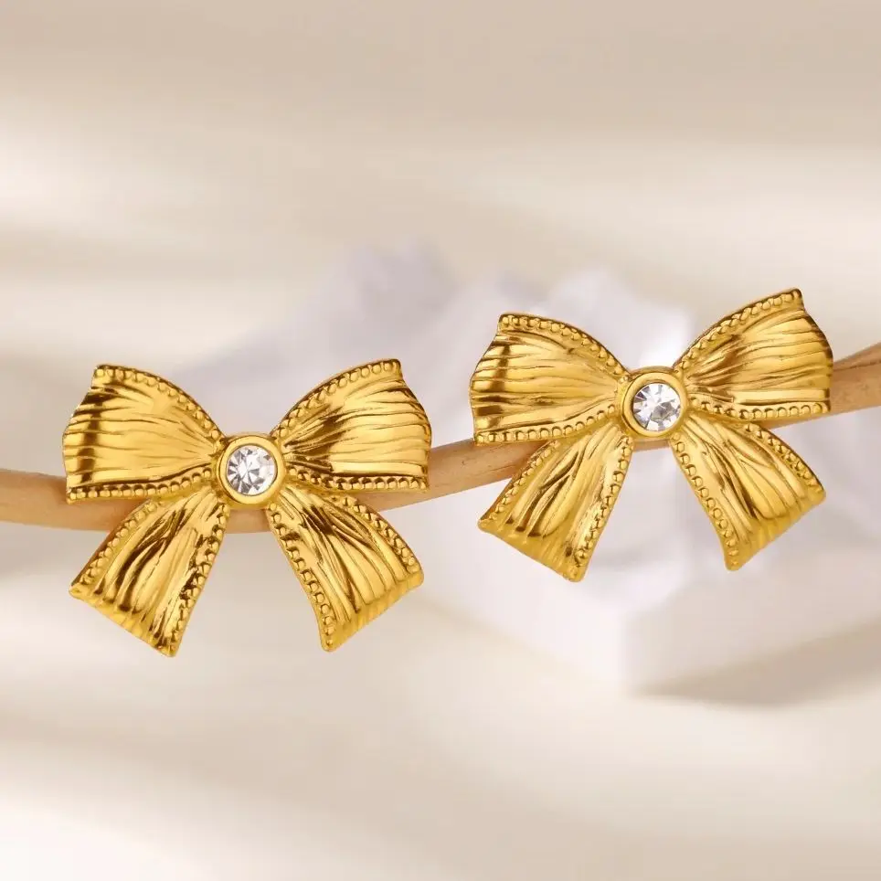 Stainless Steel Zircon Bowknot Earrings for Women