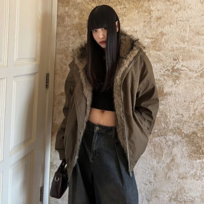 Vintage Solid Fur Collar Hooded Sweatshirt Autumn Winter