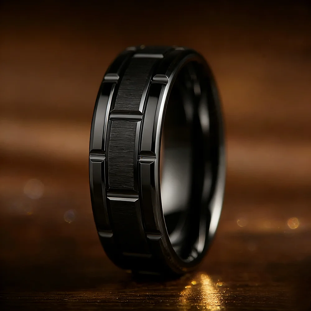 Moderne 8MM Herrenringe aus Edelstahl für Damen, goldfarben, gebürstet, mit Doppelrillenmuster, Herrenringe, Hochzeitsschmuck, Geschenk – Detail 9
