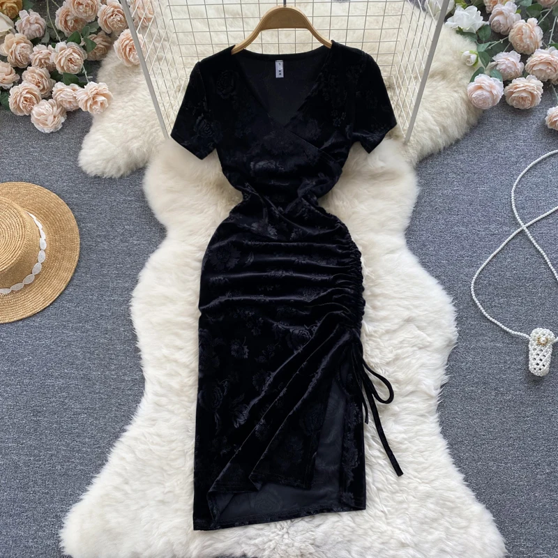

High sense printed drawstring V-neck summer female pear shaped figure waist hip small black Dresses