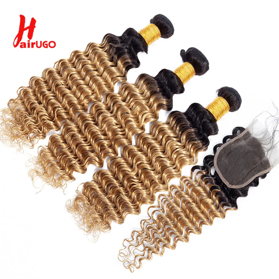 Honey Blonde 4x4 Lace Closure With Bundles #27 Deep Wave Human Hair Bundles With Closure T1B/27 Pre-Colored Hair Weave HairUGo