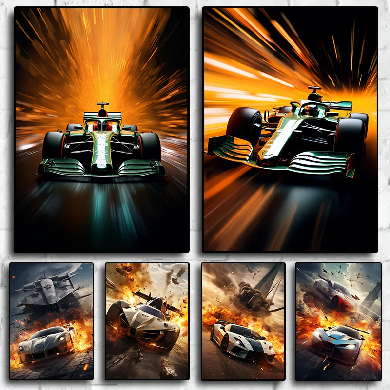

1Pcs Supercar Room Decor Bomber Interior Paintings Canvas Painting Wall Decoration Poster Boy's Bedroom Racing Car Silver Home