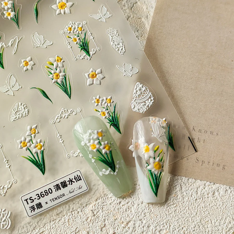 White Daffodils Butterfly 5D Soft Embossed Reliefs Self Adhesive Nail Art Stickers Lily Flowers 3D Manicure Decals
