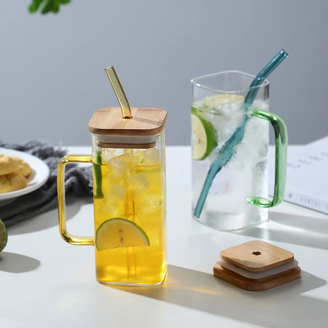 Beer Glass Bamboo Lid Straw Wholesale  Glass Cups Bamboo Lids Straws - Straw  Cup - Aliexpress