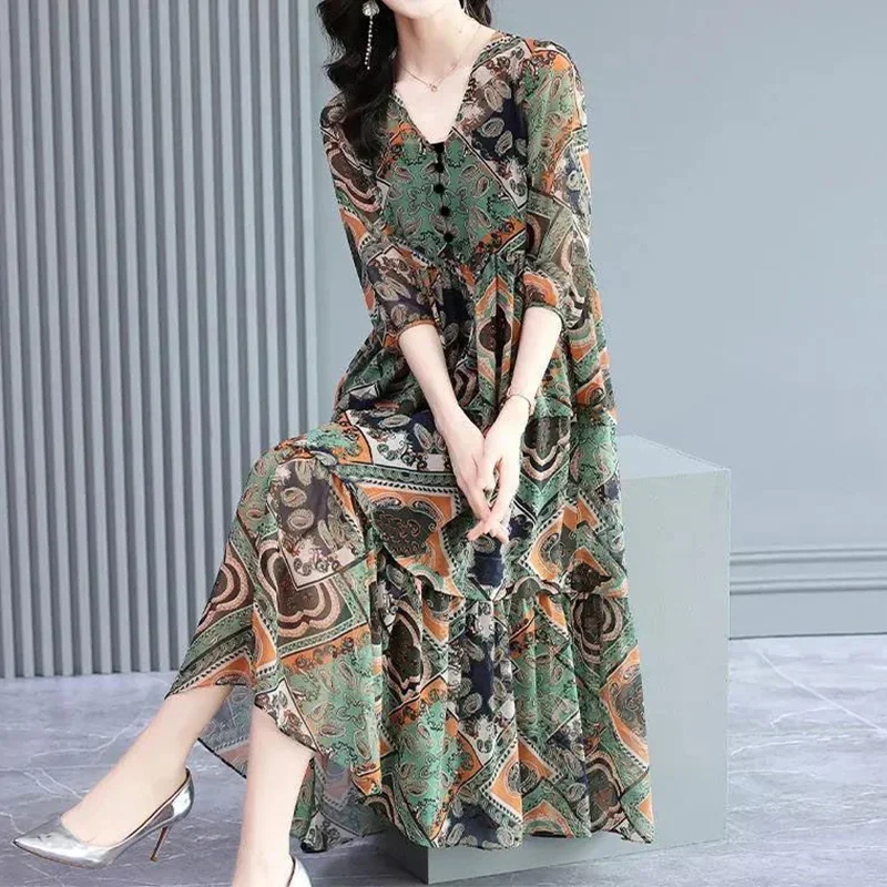 

Винтажные элегантные шифоновые платья на пуговицах с цветочным принтом, лето 2023, Свободный пуловер с рукавом до локтя и V-образным вырезом, женская одежда