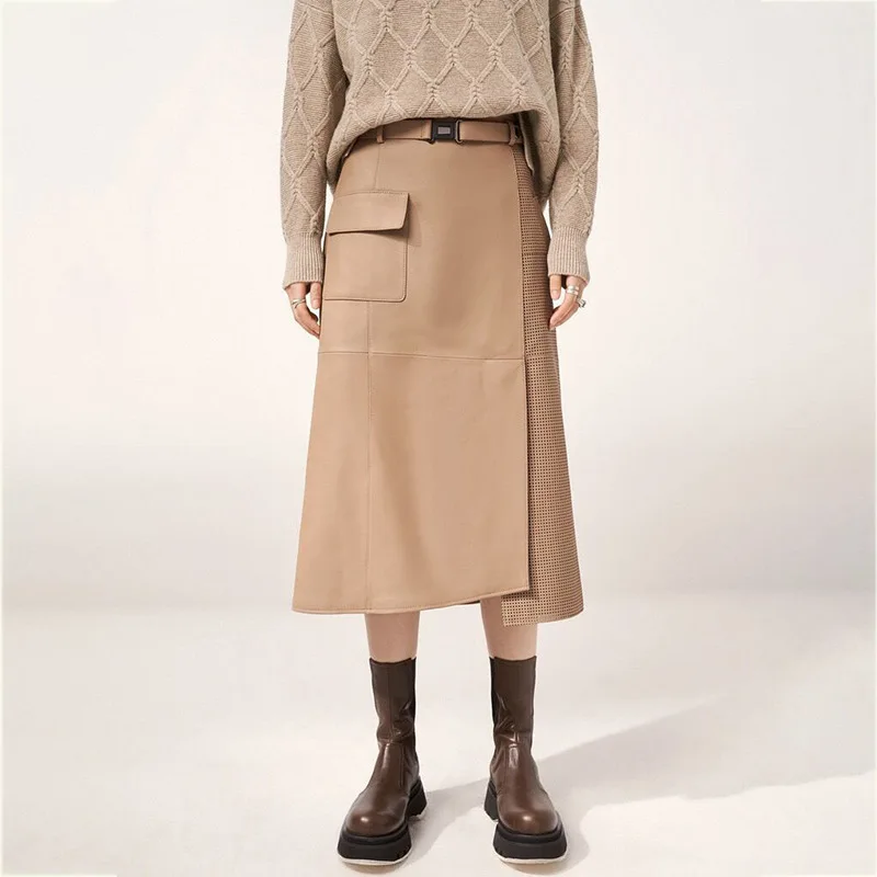 

Genuine Leather Skirt, New Fashionable Sheepskin High Waistband, Mid Length Skirt, Buttocks Wrapped Skirt