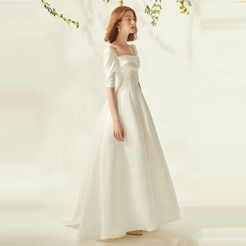 Vintage Satin half-Sleeve Wedding Dresses Off The Shoulder A-line lace-up Sash Bride Wedding Gowns Boho Vestido de Noiva 4