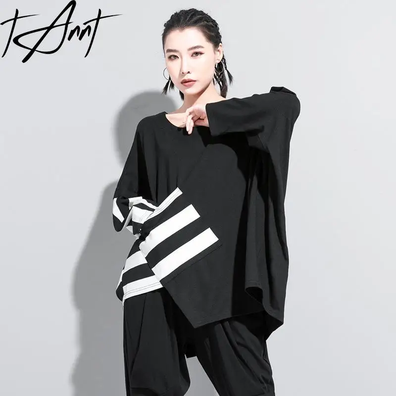 

Tannt Women T Shirt Irregular Batwing Sleeve Color Matching Stripes Oversize Tshirt Women Asymmetry Loose Casual Tshirts 2023