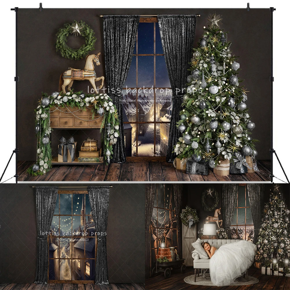 

Cheerful Festivity Xmas Fireplace Backdrops Adult Portrait Kids Girl Photocall Toy Horse Window Living Room Background
