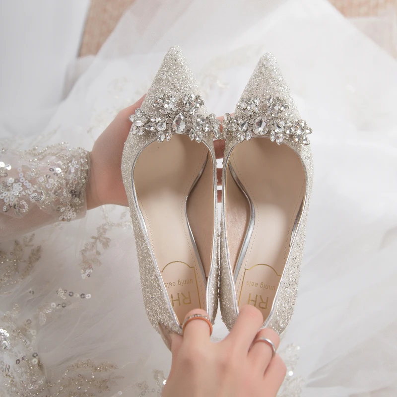 Silver Wedding Shoes Spring Summer High Heels Women's Thin Heel Main ...
