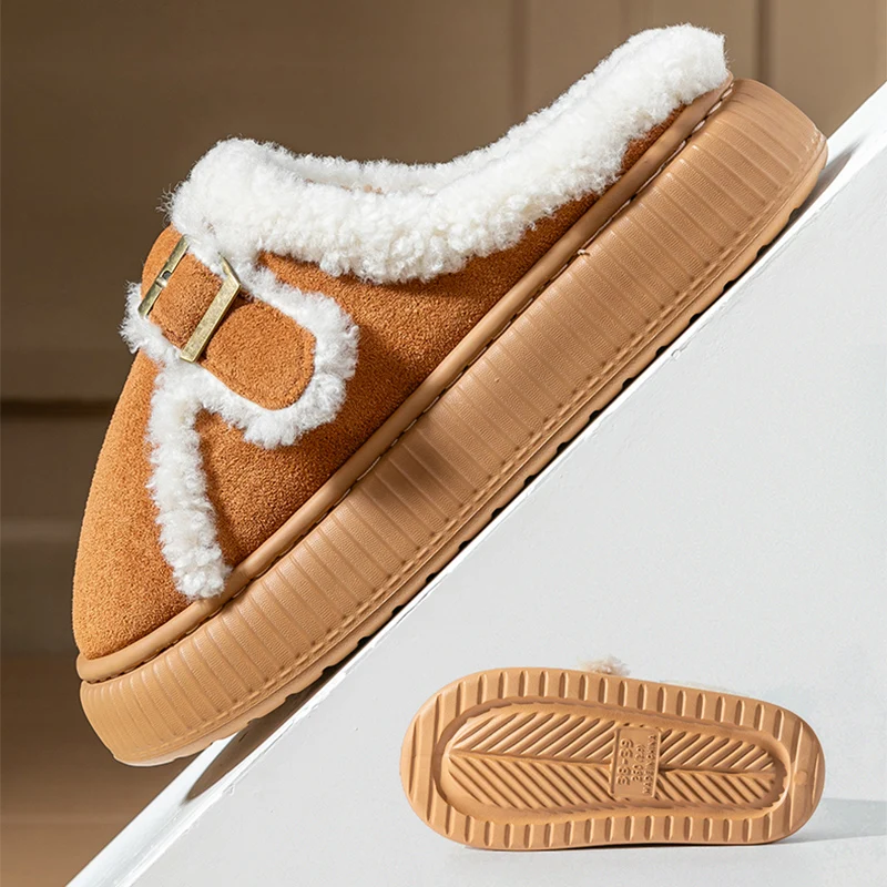 Thick Short Plush Warm Women's Slippers Korean Buckle Detor Cotton Slippers for Woman Platform Non Slip Cotton Shoes Women