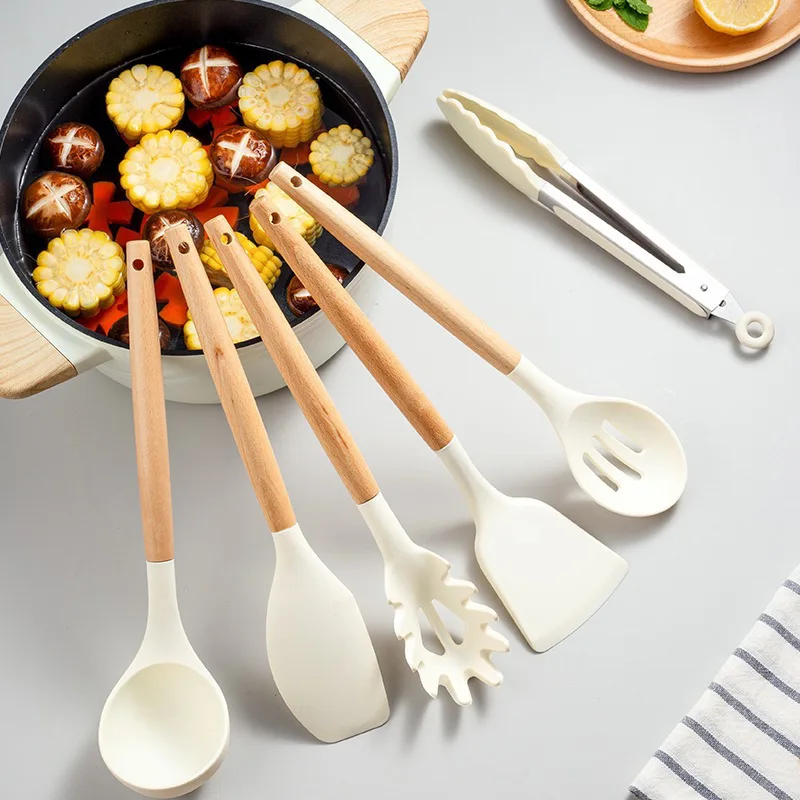 Kitchen Utensils 12Set Wooden Handle Silicone Non-Stick Pan Cooking Tools