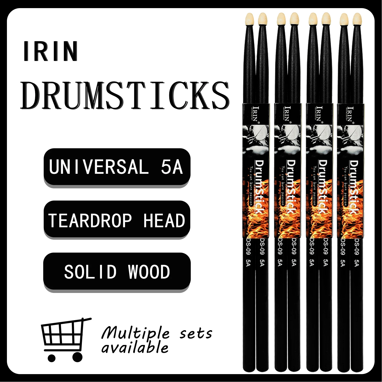 IRIN Drumstick Jazz Drum 5A Solid Wood Pair Drum Sticks Percussion Music Instrument Sturdy Maple Black Universal Accessory
