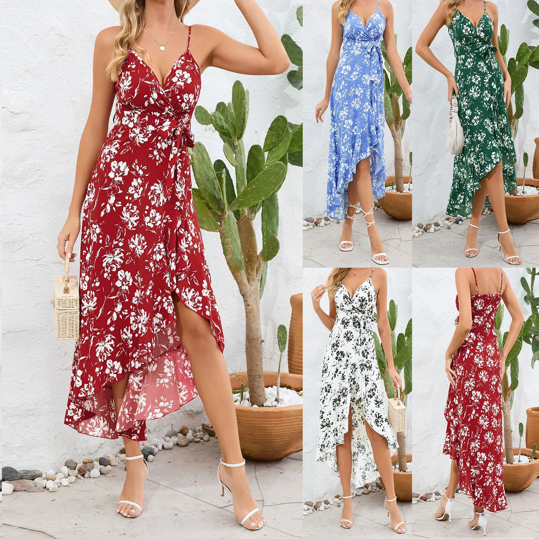 

Women Fashion V-neck Lace Large Swing Elegant Long Dress A-line Floral Print Sleeveless Tank Dress Vacation Beach Dress