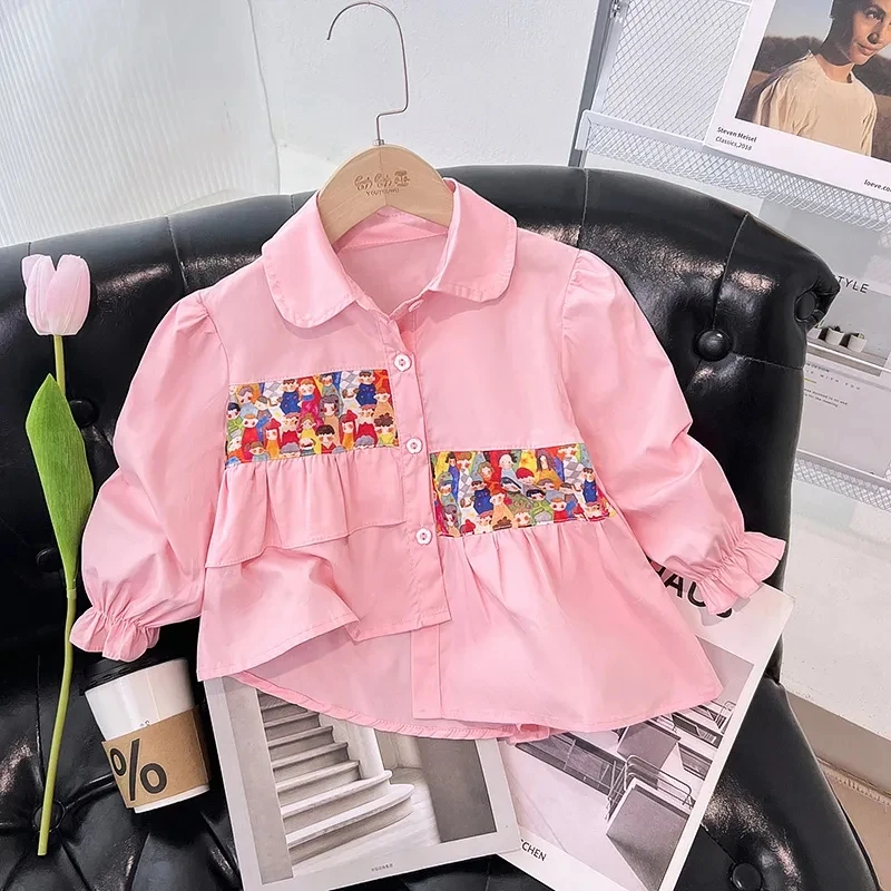 

Girls' Baby Shirt 2023 New Children's Spring and Autumn Wear Spliced Long sleeved Top Outerwear Autumn Versatile Shirt