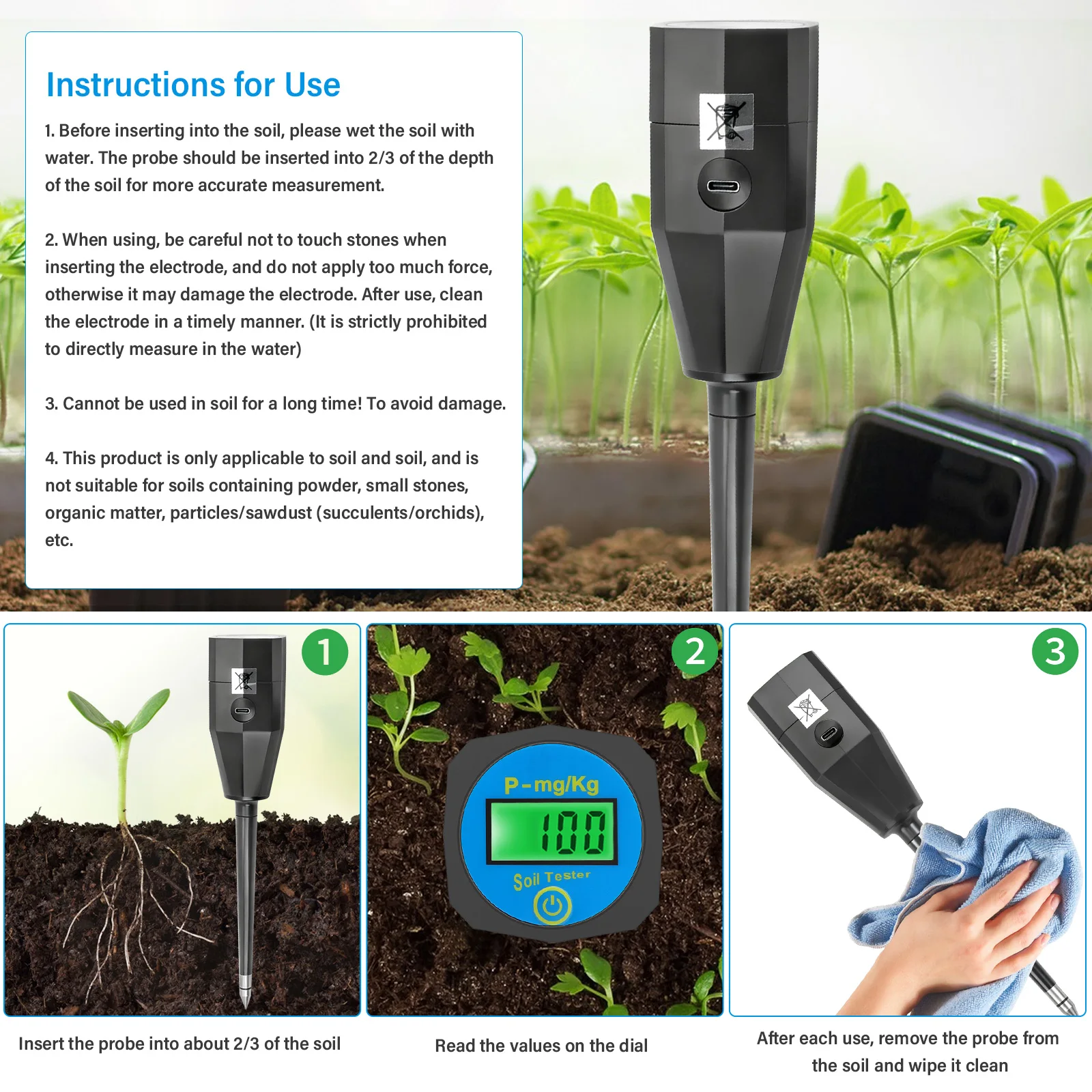 Soil Nutrient Tester NPK Sensor Digital Soil Analyzer 0-1999mg/kg Soil Fertility