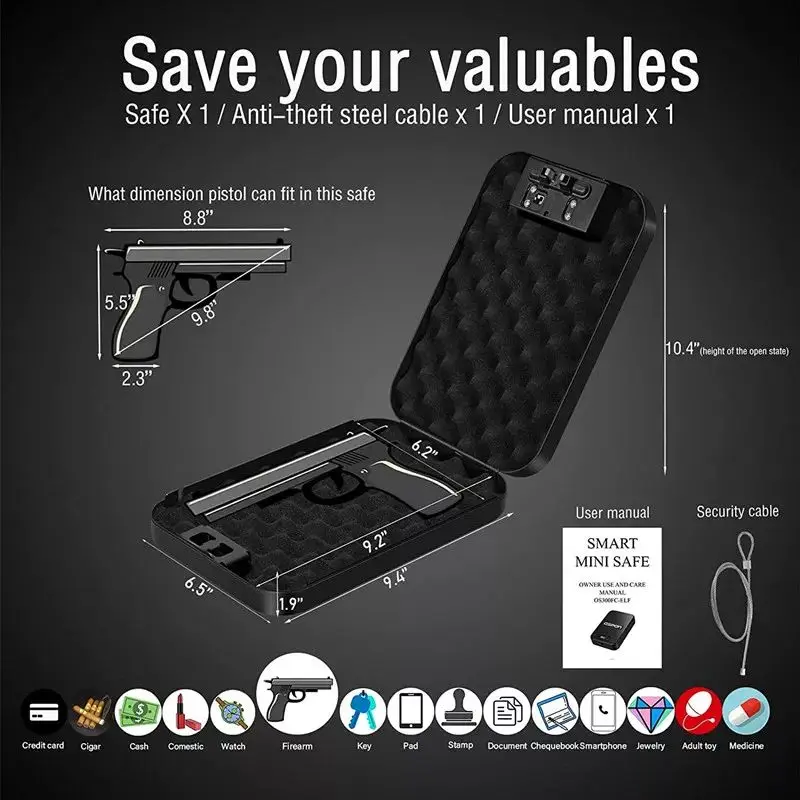 Portable Travel Fingerprint Pistol Safe Waterproof Moisture-Proof Box Mini Handgun Gun Safe with Steel Rope