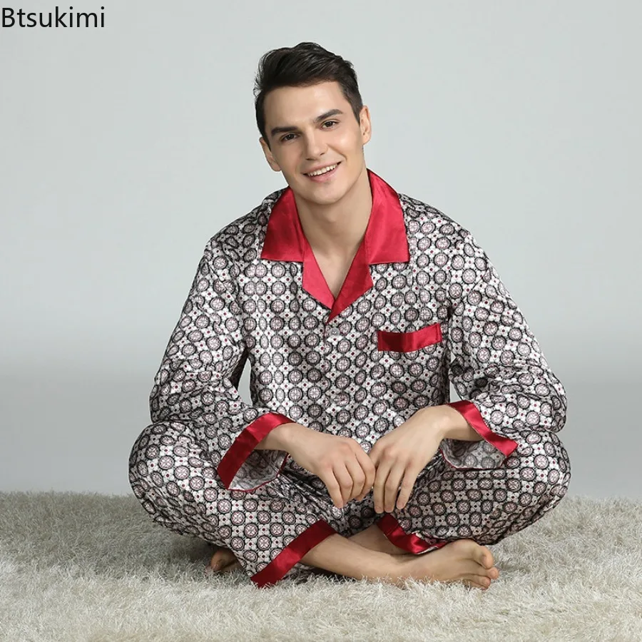 2024Men's Spring Summer Pajamas Sets Long Sleeve Tops&Pants Two-pieces Satin Home Clothes Male Ice Silk Printed Lounge Nightwear autumn spring 7 pieces set silk elegant women pajamas stripe shorts long sleeve tops elastic waist pants full lounge sleepwear