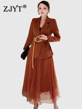 

ZJYT Spring Elegant Lady Party Matching Set Blazer Mesh Skirt Two Pieces Womens Outfits Belt Jacket Office Business Dress Suit