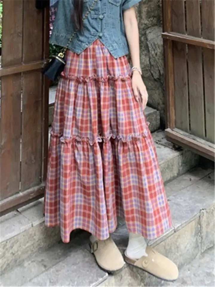 失常 Retro Plaid Cake Skirt & Beret Retro Plaid Cake Mini Skirt: Y2K Steampunk Goth Girls Party